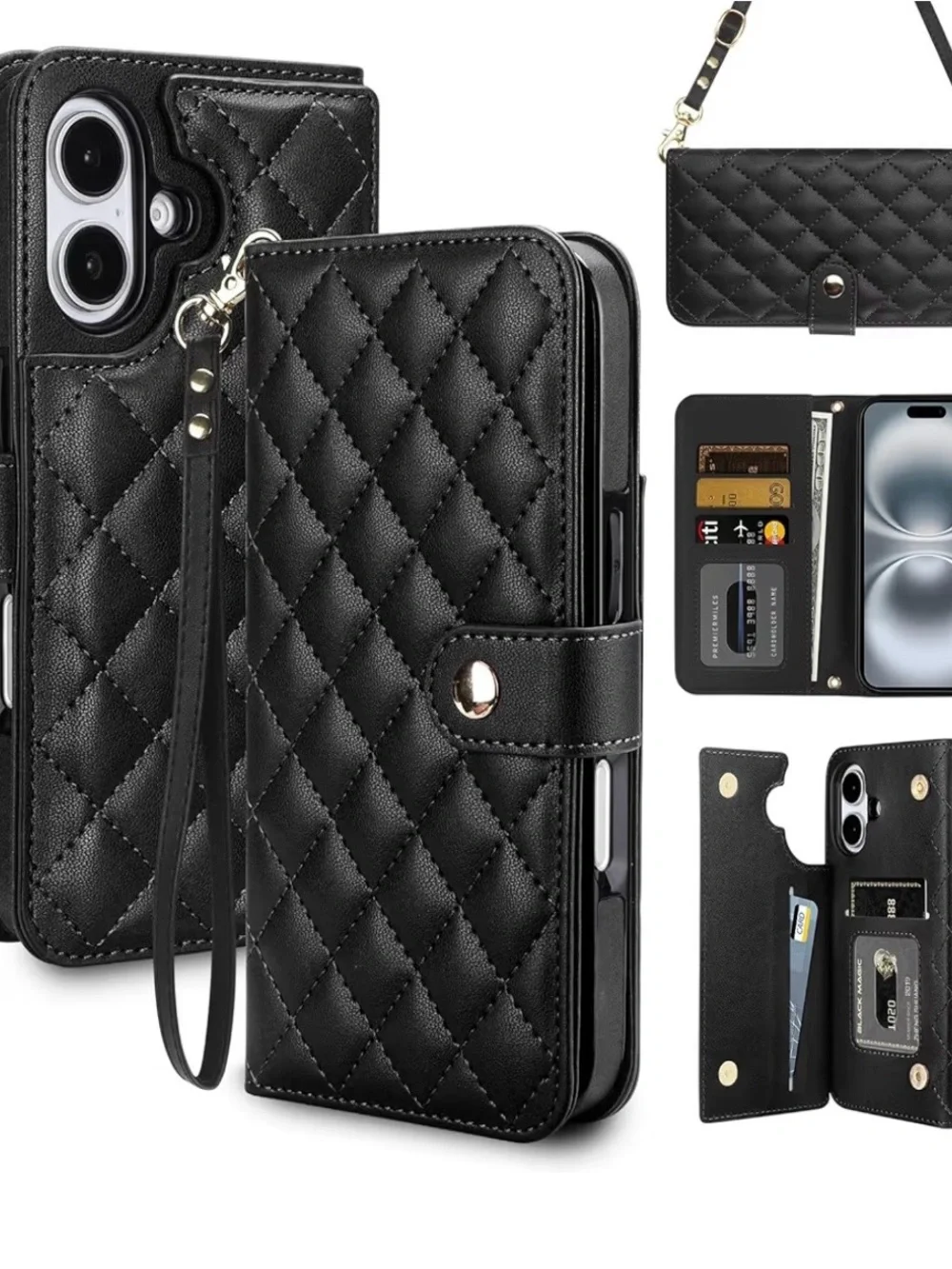 Quilted Black Wallet Phone Case with Wrist Strap - Brand